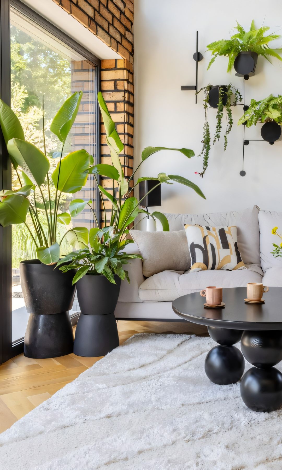 Salón con gran ventanal con salida al jardín, sofá beige, alfombra, plantas en el suelo y colgantes, mesa de centro negra