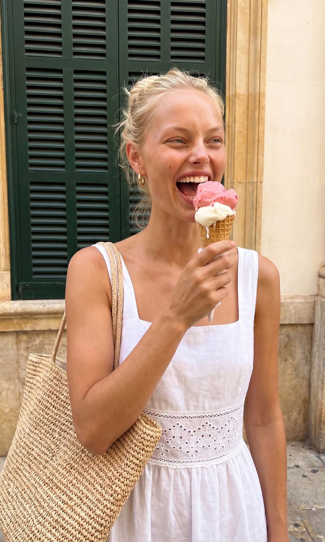 Una chica feliz tomándose un helado en verano