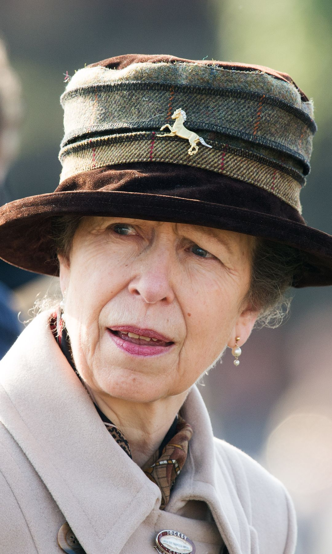 La princesa Ana de Inglaterra con su famoso broche con forma de caballo.