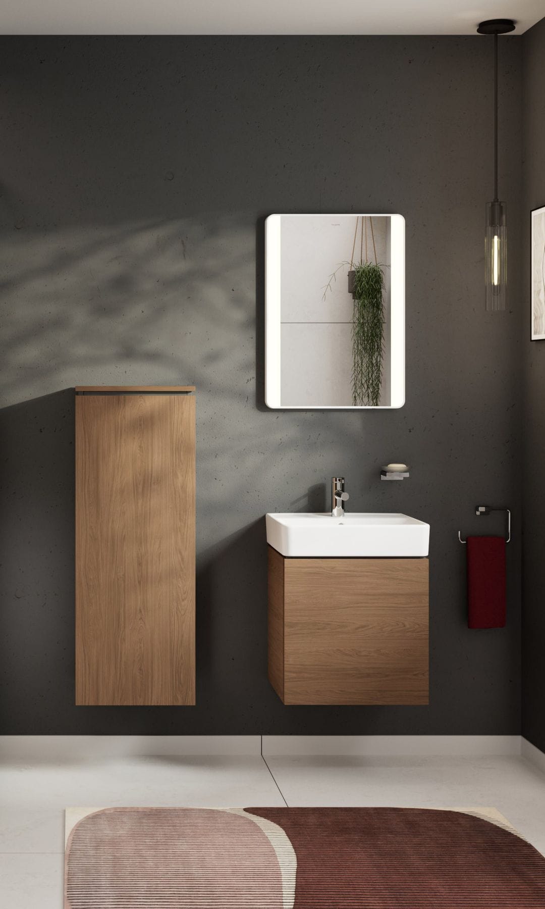Baño pequeño con mueble suspendido de madera, armario, espejo rectangular y alfombra