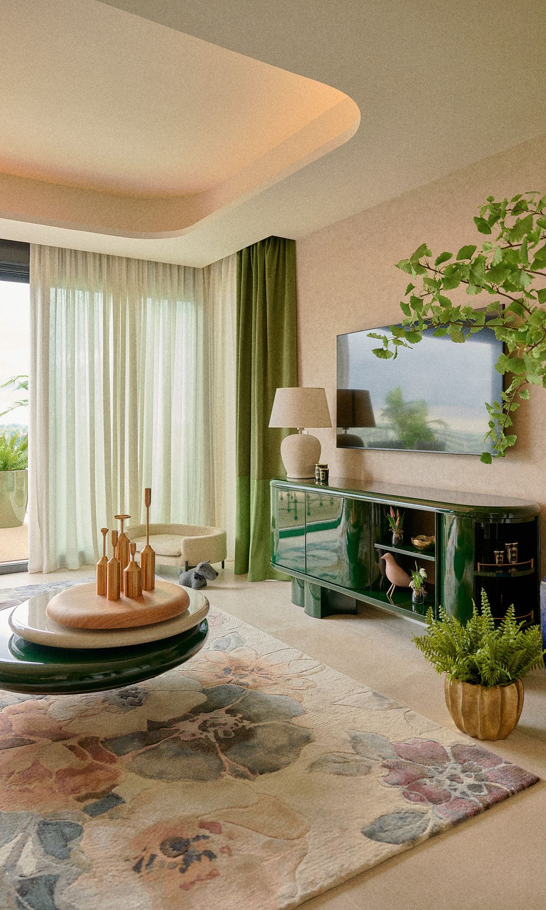 Salón con alfombra de estampado floral