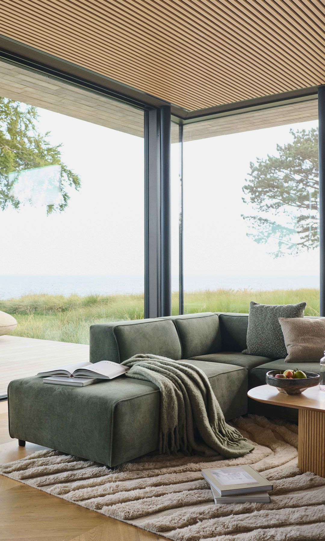 Salón con sofá de tela de pana oscura, alfombra, amplios ventanales con vistas al jardín, mesa de centro de madera, una manta sobre el sofá, un libro abierto 