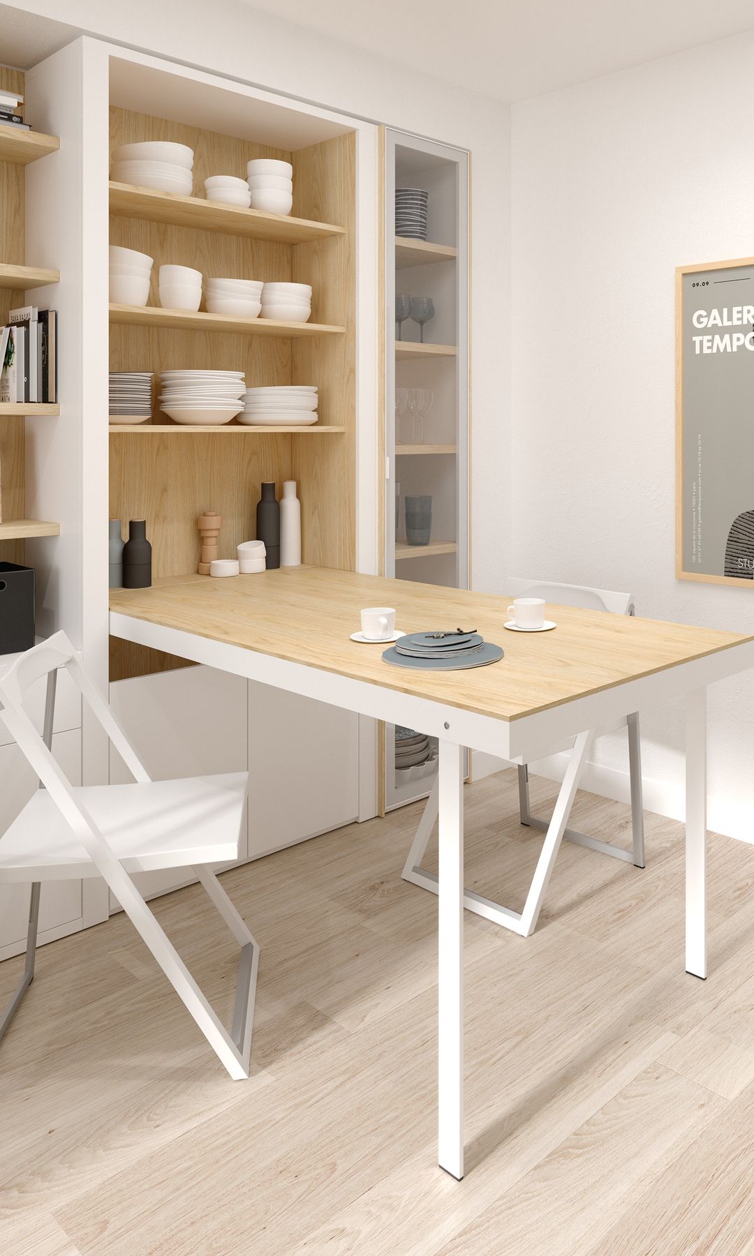 Mueble de cocina a medida blanco y de madera, con mesa elevable