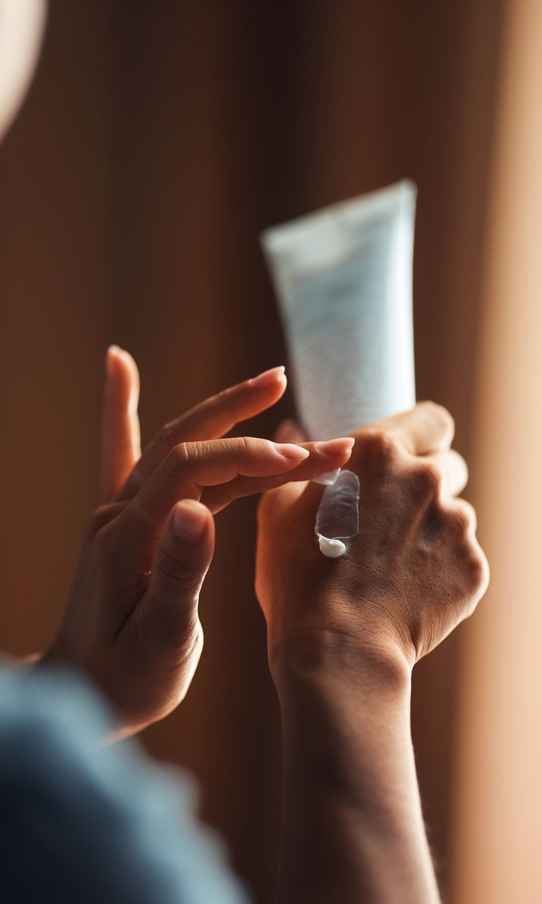 Una mujer poniéndose crema en las manos