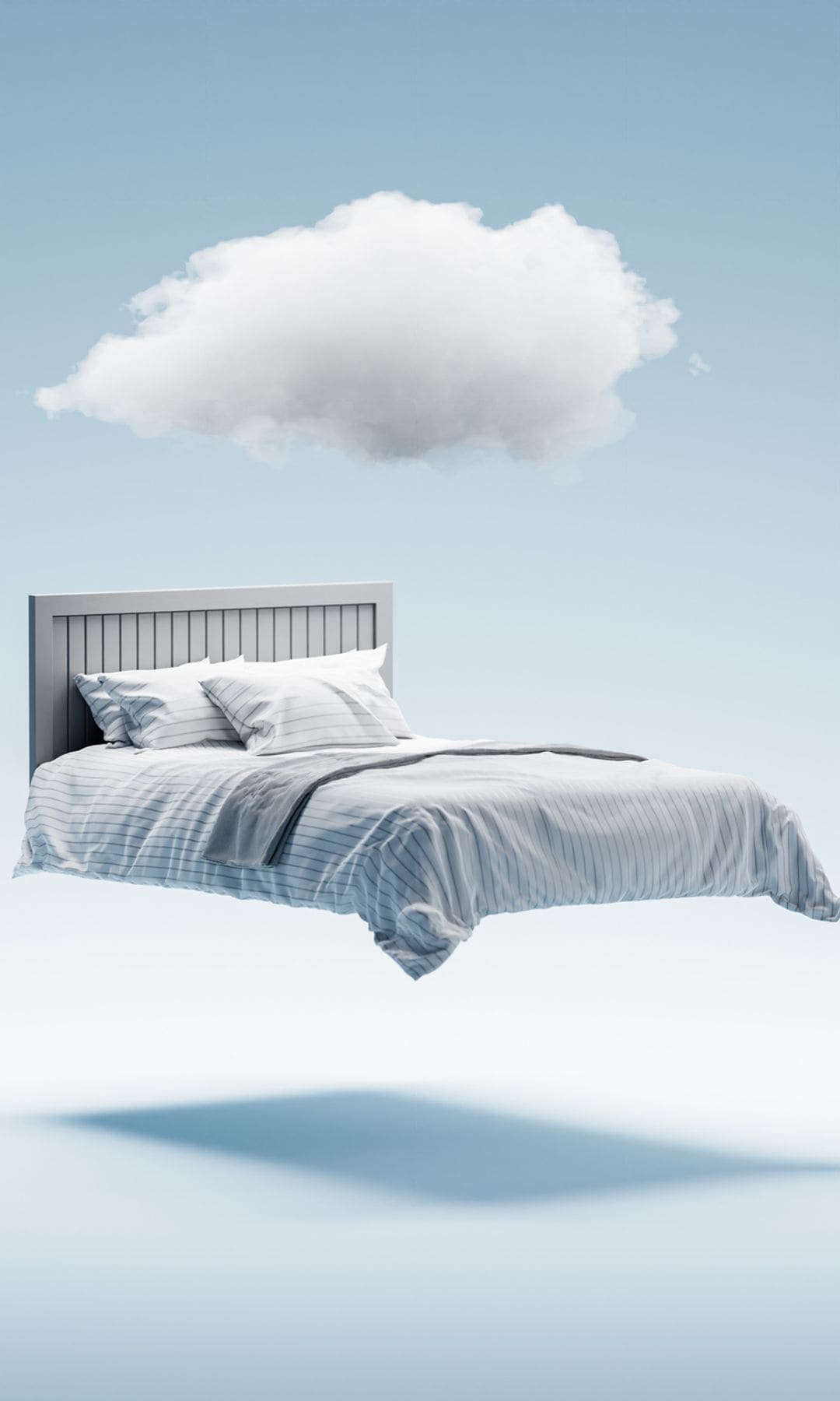 Ilustración de una cama doble flotando en el aire con una nube encima. Tonos azules, blancos y grises.