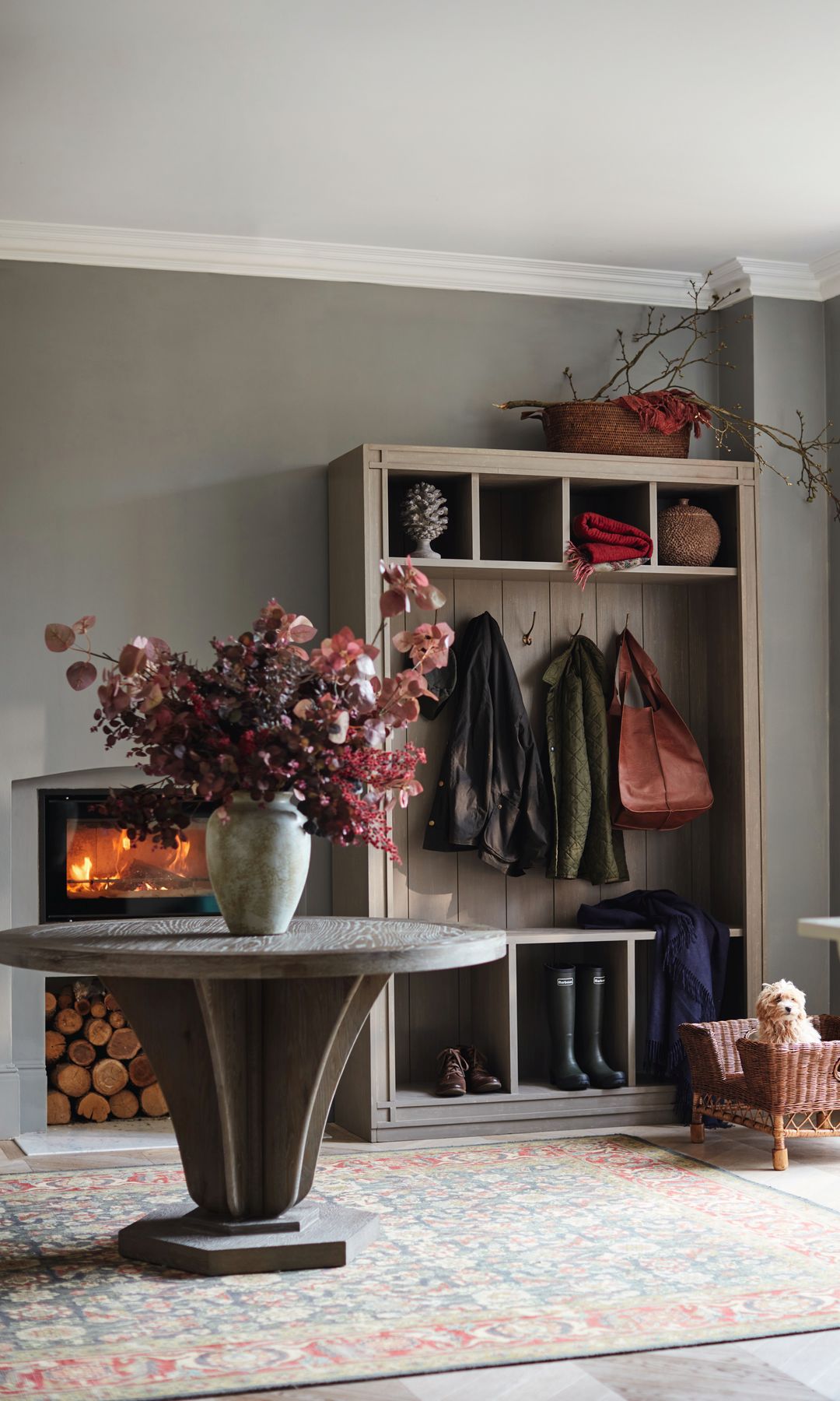 Recibidor con armario abierto, mesa en el centro, chimenea, jarrón con hojas sobre la mesa, alfombra, perro en una cama de mimbre