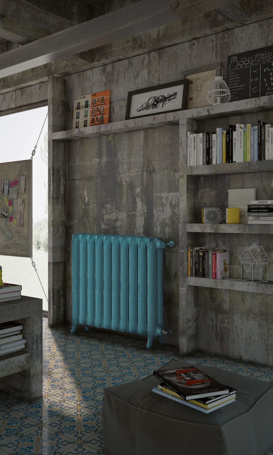 Salón con paredes de hormigón en bruto, librerías del mismo material, suelo de baldosas, ventanal, radiador de hierro de color azul 