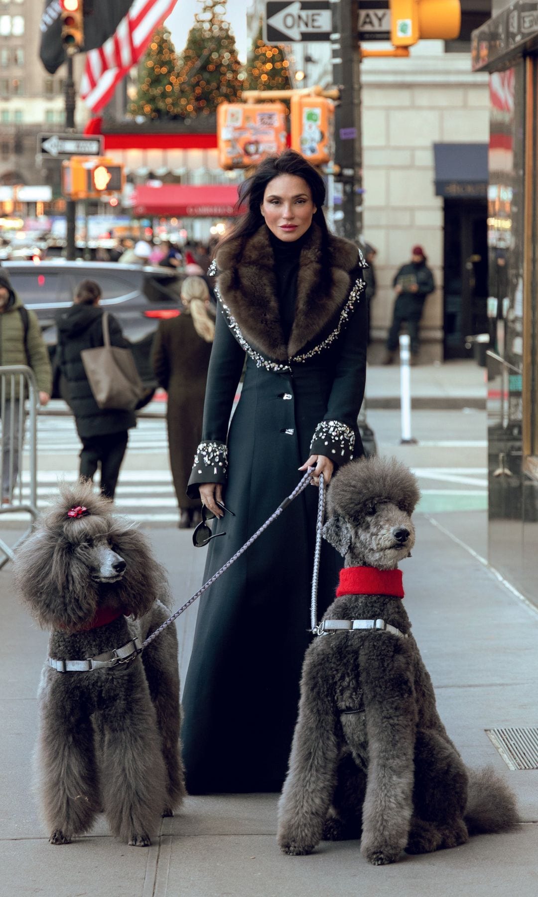 La diseñadora griega, en la que confían grandes estrellas para las alfombras rojas, pasea por el corazón de la ciudad con dos caniches gigantes llamados «Josephine» y «Nico». Arriba, posa junto a la pista de hielo que cada año se instala en Rockefeller Center en estas fechas, que se convierte en uno de los lugares más visitados de Nueva York