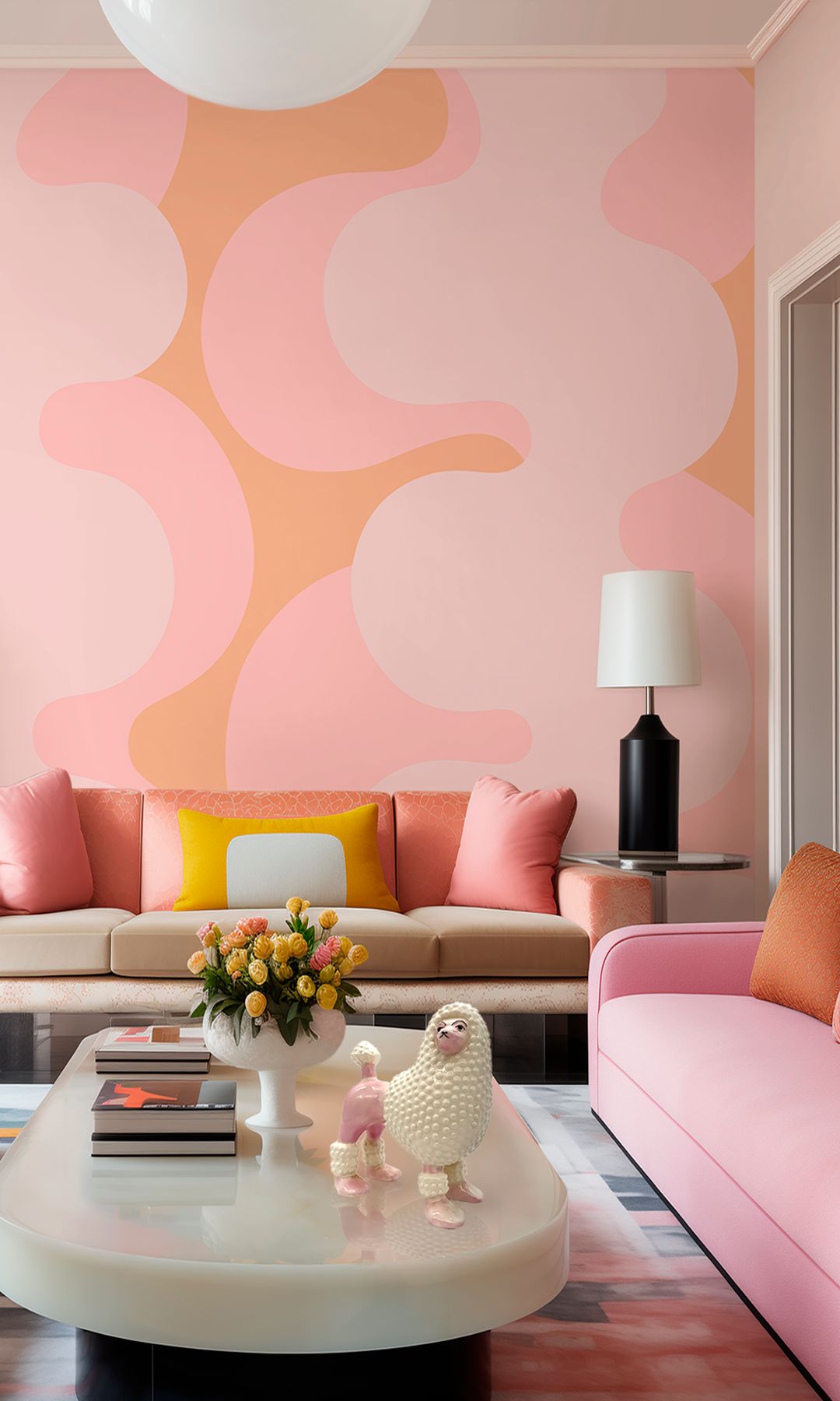 Sofá con papel pintado con motivos geométricos en rosa y marrón y rosa claro, sofá rosa, sofá naranja y sofá beige