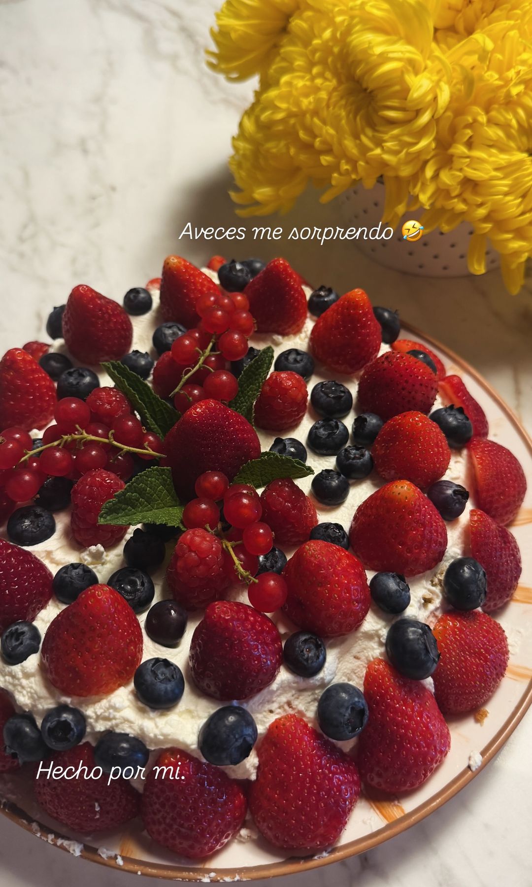 "A veces me sorprendo. Hecho por mí", bromeó Isabelle Junot junto a esta espectacular tarta de verano decorada con frutos rojos