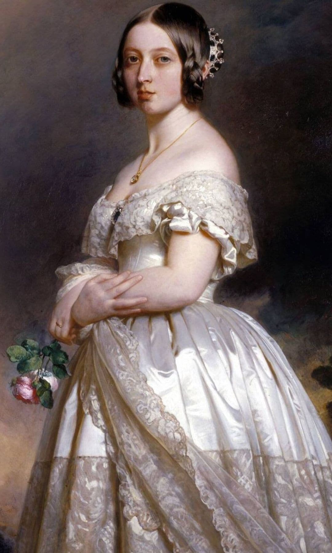 La reina Victoria de Inglaterra, con broche de zafiro, en un retrato de Franz Xaver Winterhalter