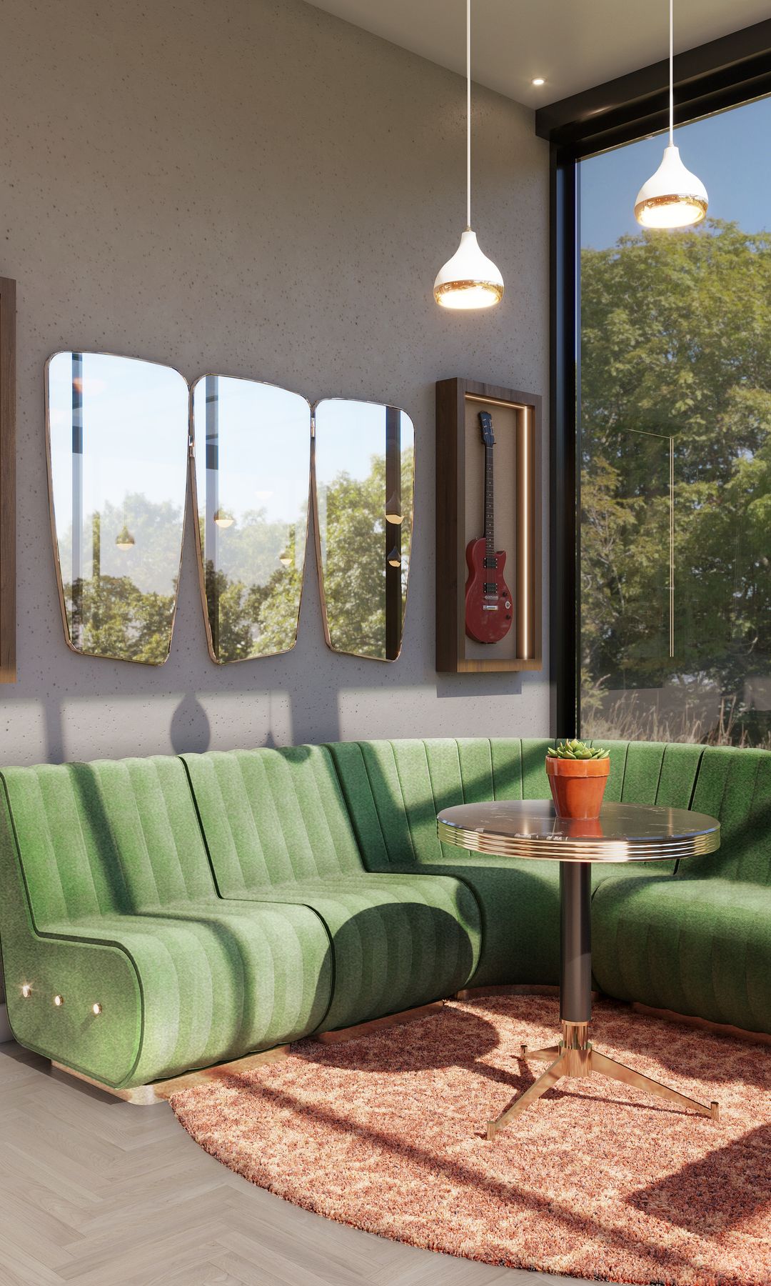 Salón con sofá verde, gran ventanal, espejos en la pared del sofá, mesa auxiliar metalizada, alfombra