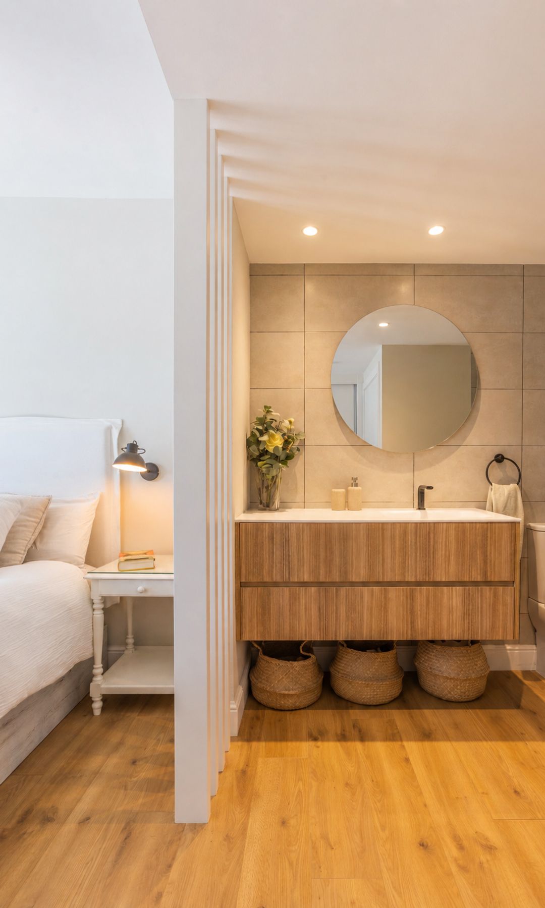 Dormitorio en suite con espejo redondo, cestos en el suelo, mueble de lavabo suspendido 