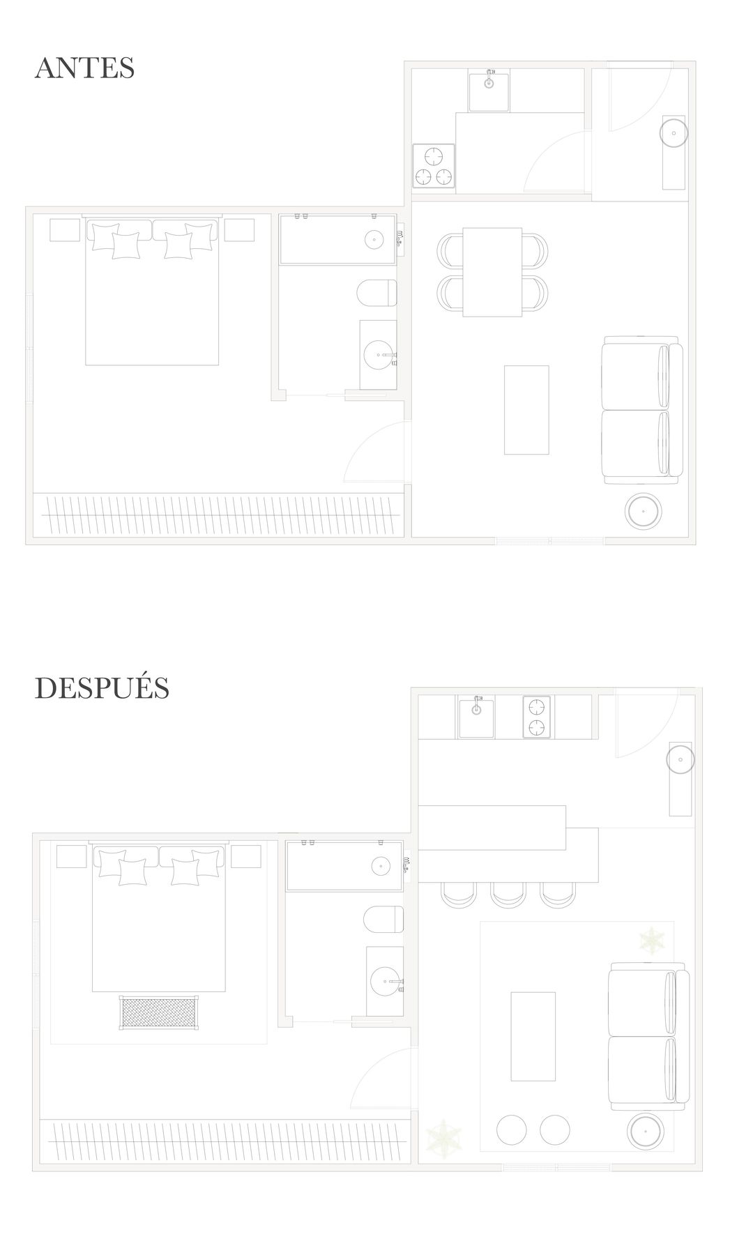Planos del apartamento antes y después de la reforma