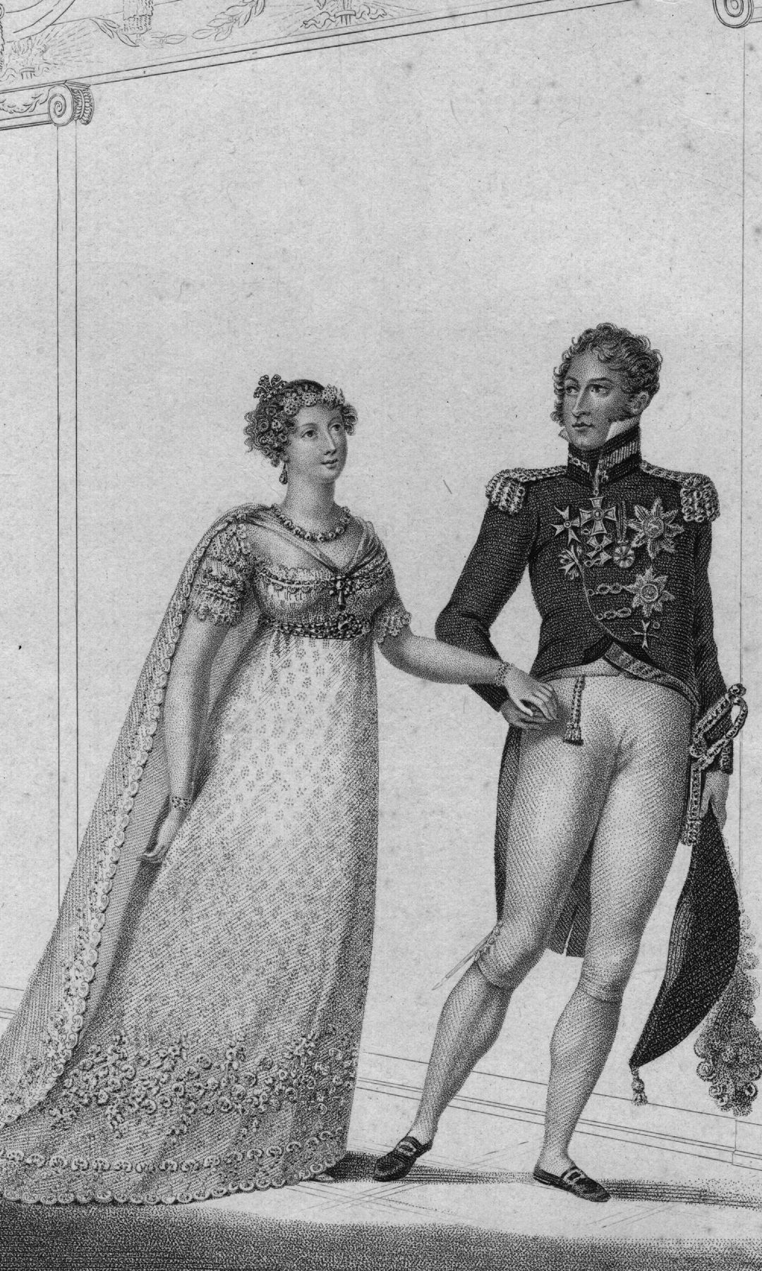 Un grabado de la princesa Carlota de Gales y el príncipe Leopoldo el día de su boda