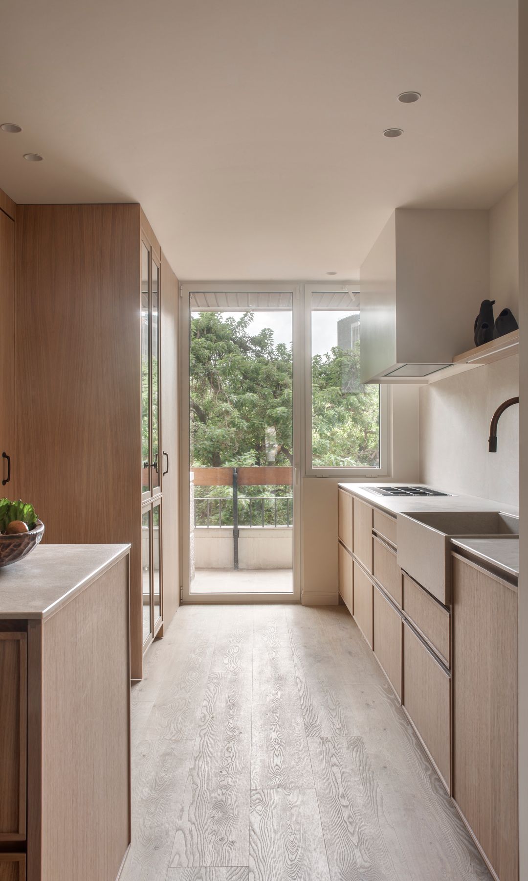 Cocina alargada con salida terraza, muebles de madera, balda, armario con puertas de cristal 