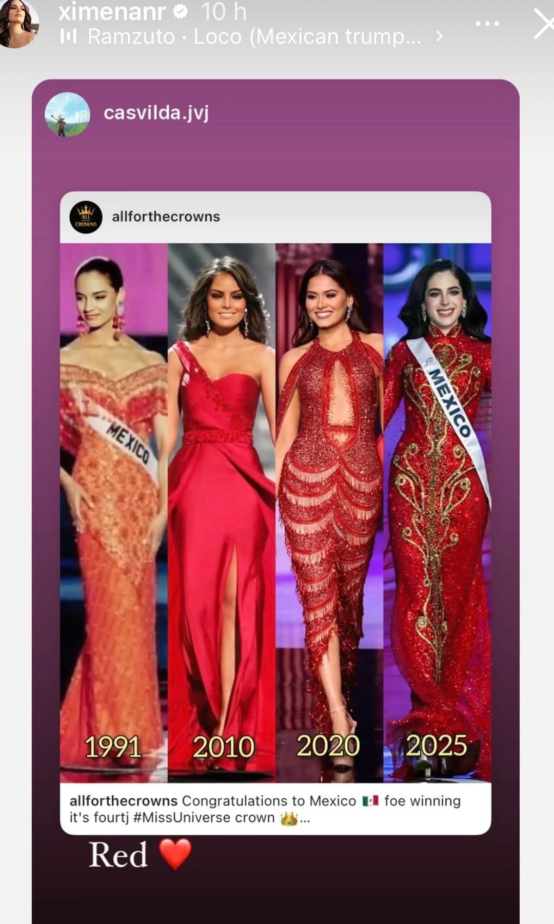 Ximena Navarrete destacó el hecho de que las otras mexicanas que ganaron la corona y la propia Fátima fueran vestidas de rojo. 