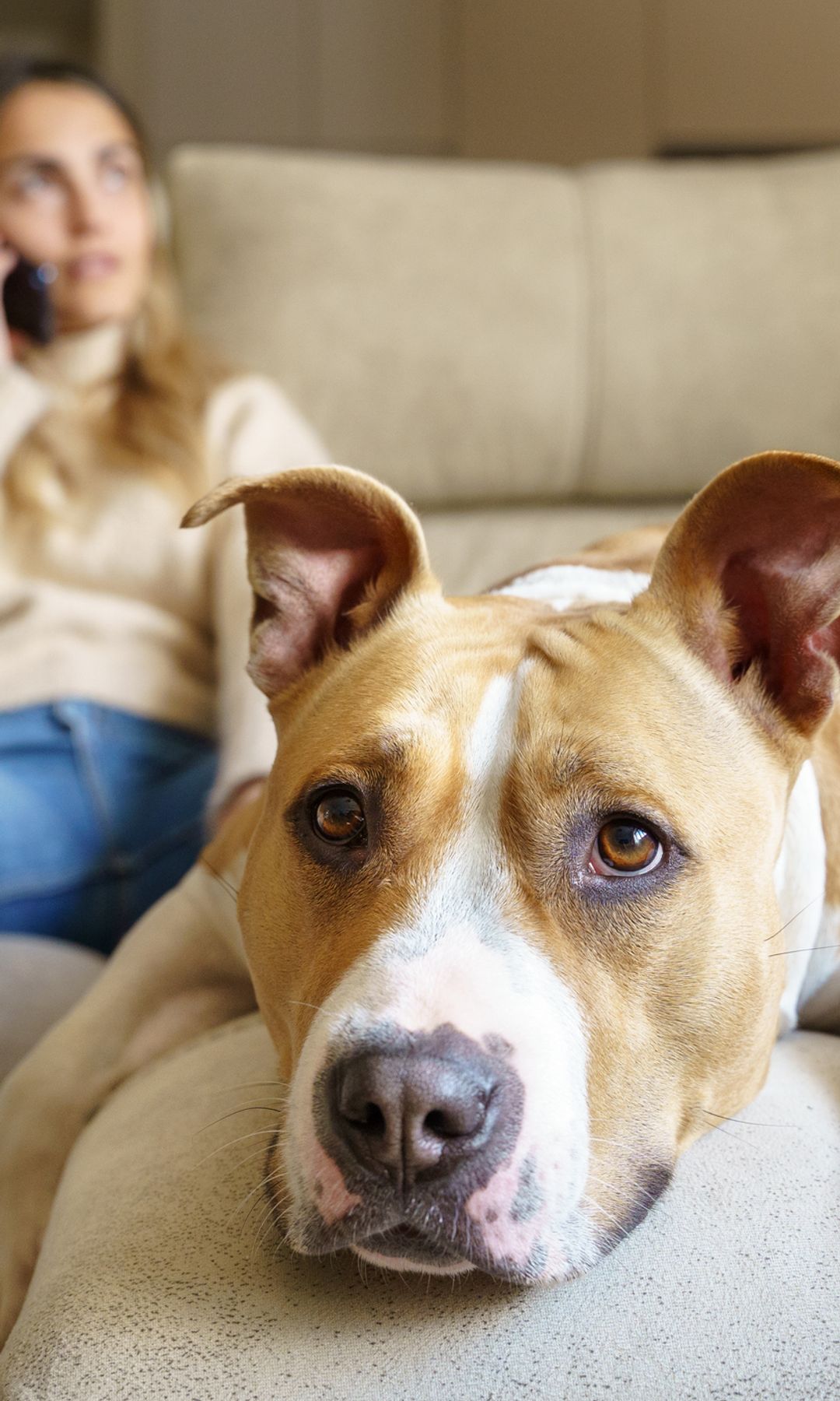 Perro triste en el sofá y mujer llamando