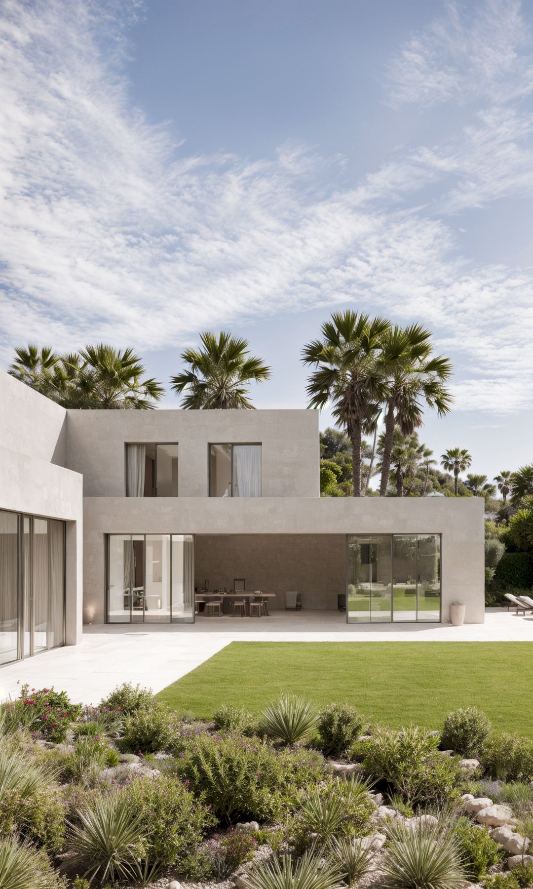 Casa moderna con jardín con grandes ventanales correderos 