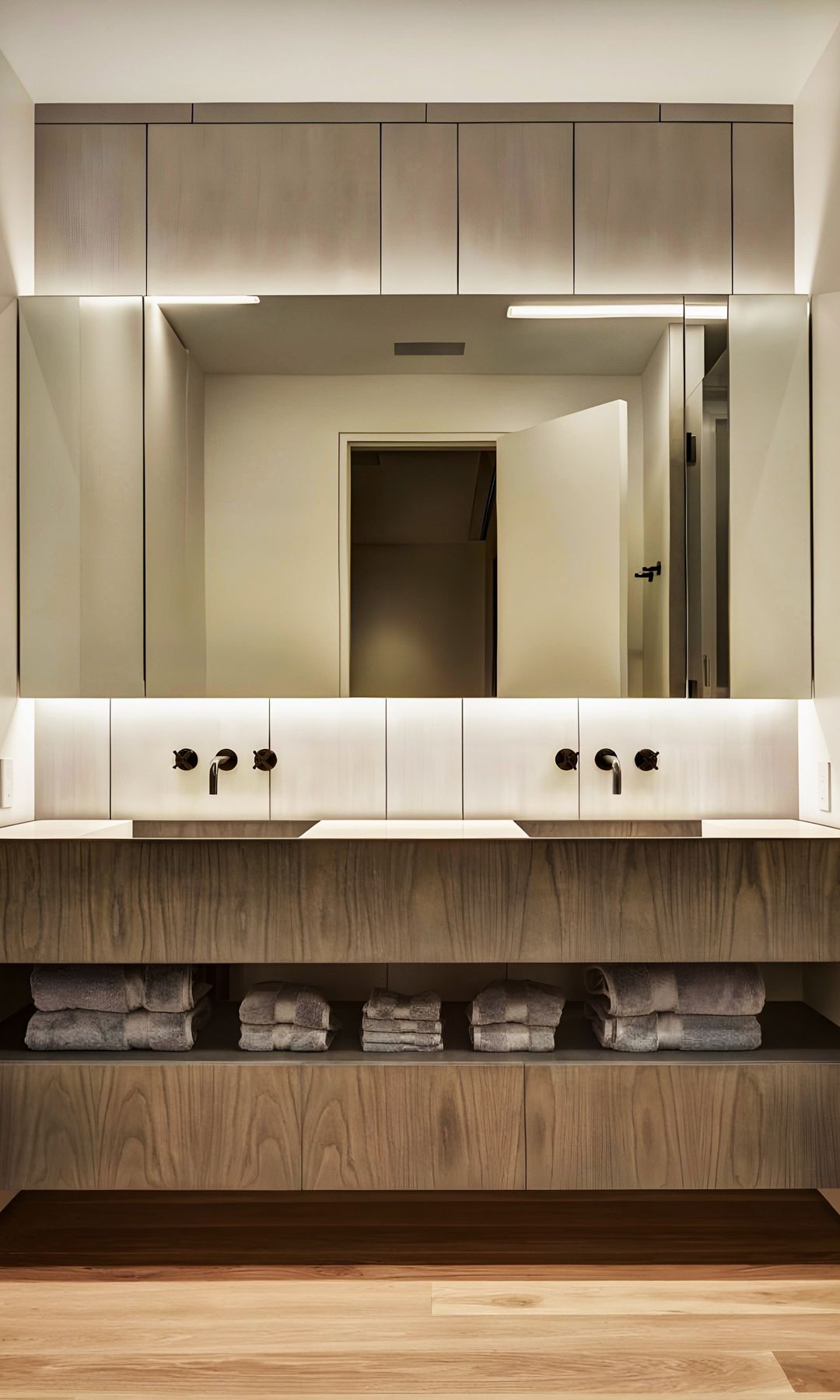 Baño con espejo de pared a pared, doble lavamanos, grifería negra, mueble bajolavabo de madera suspendido