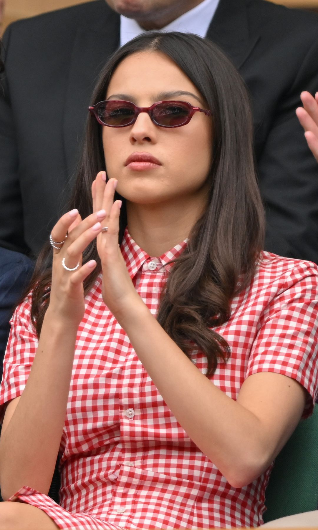 LONDON, ENGLAND - JULY 02: Olivia Rodrigo attends day three of the Wimbledon Tennis Championships at the All England Lawn Tennis and Croquet Club on July 02, 2025 in London, England