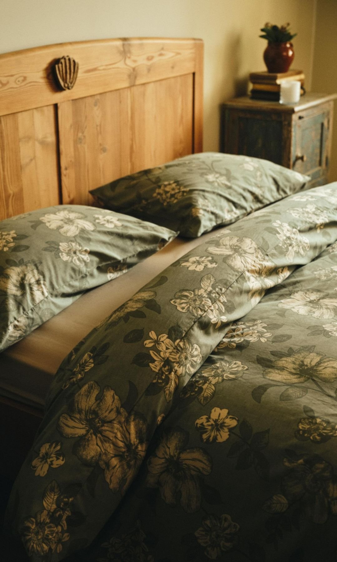 Dormitorio con cabecero de madera, ropa de cama con flores en color verde, mesita de noche antigua