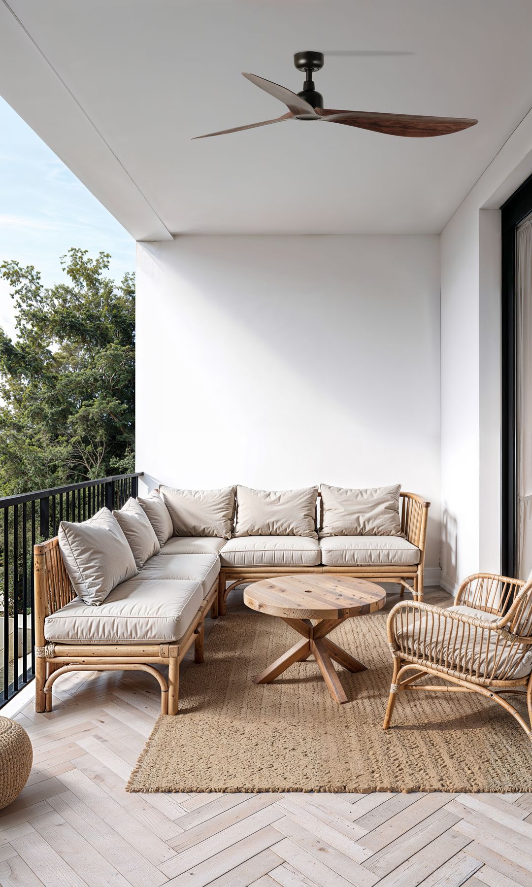 Terraza con sofá esquinero, alfombra, butacas de fibras vegetales y ventilador de techo