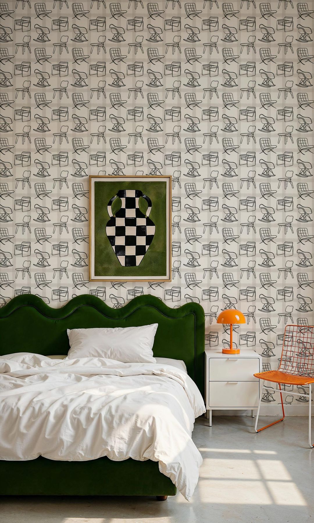 Dormitorio con papel pintado, cama tapizada con cabecero tapizado en terciopelo verde, mesita de noche blanca, lámpara de sobremesa naranja