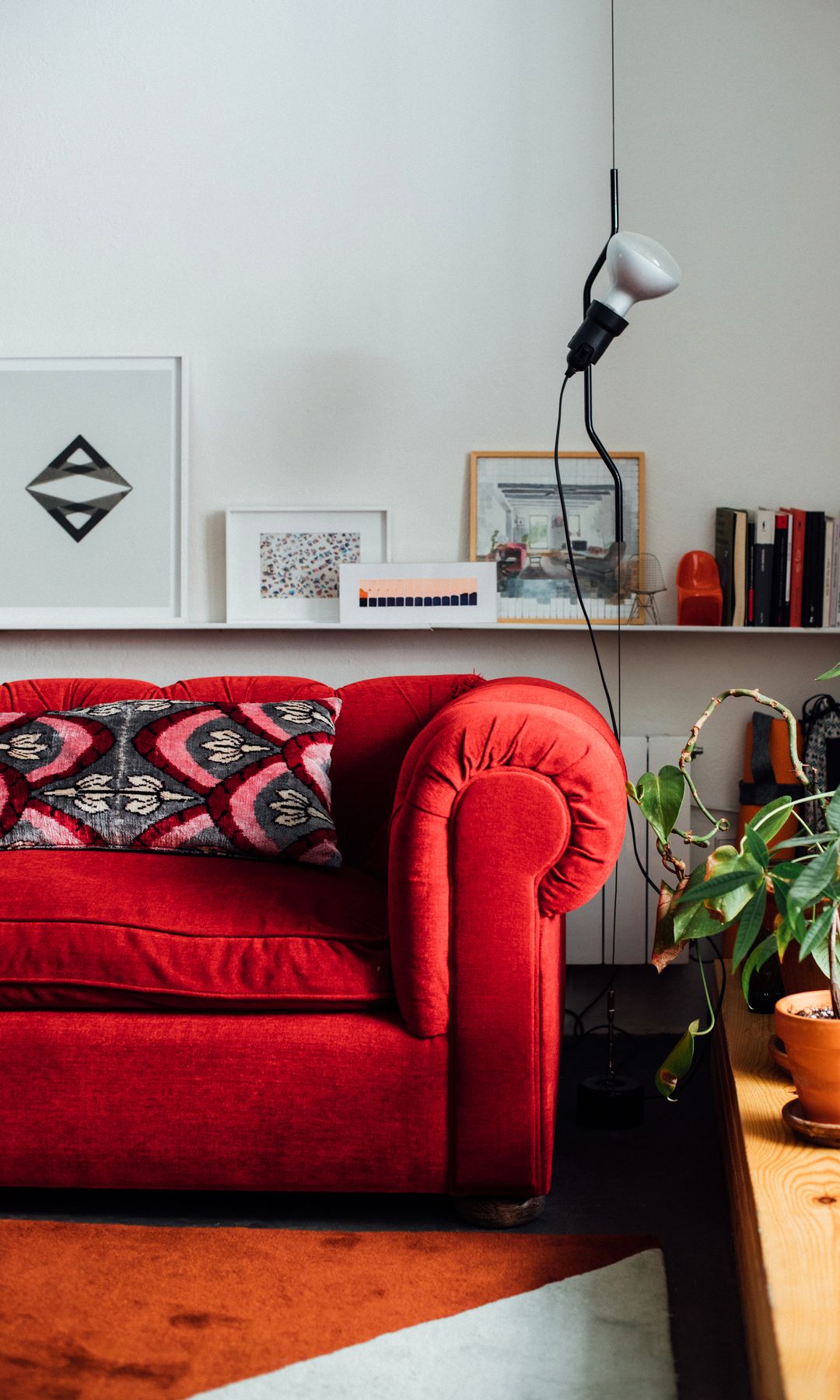 Salón con sofá rojo, balda detrás del sofá con libros y obras de arte, plantas, alfombra, lámpara Parentesi de Flos