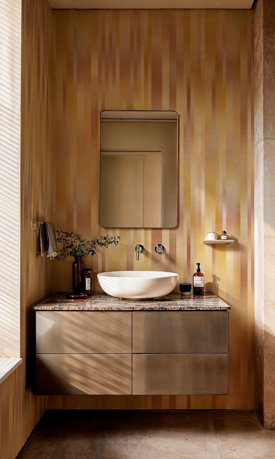 Baño con papel pintado en tonos amarillos, mueble de madera suspendido, lavabo exento, espejo, jarrón con ramas