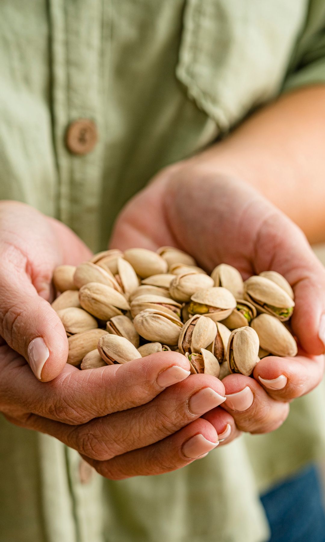 Mujer con un puñado de pistachos en la mano