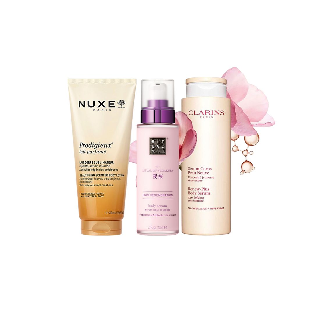 Primer paso. Prodigieux lait parfumé (18,50 €), de Nuxe. Sérum corporal The Ritual of Yozakura (19,90 €), de Rituals. Sérum corporal Piel Nueva (63 €), de Clarins.
