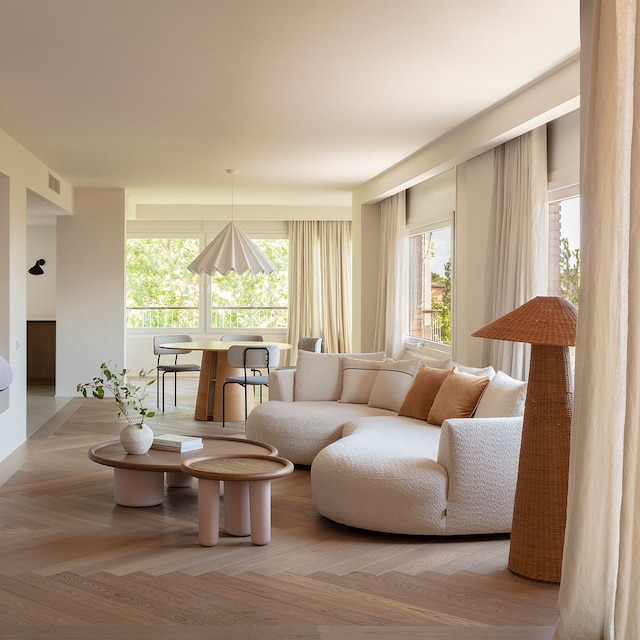 Salón decorado con un sofá curvilíneo