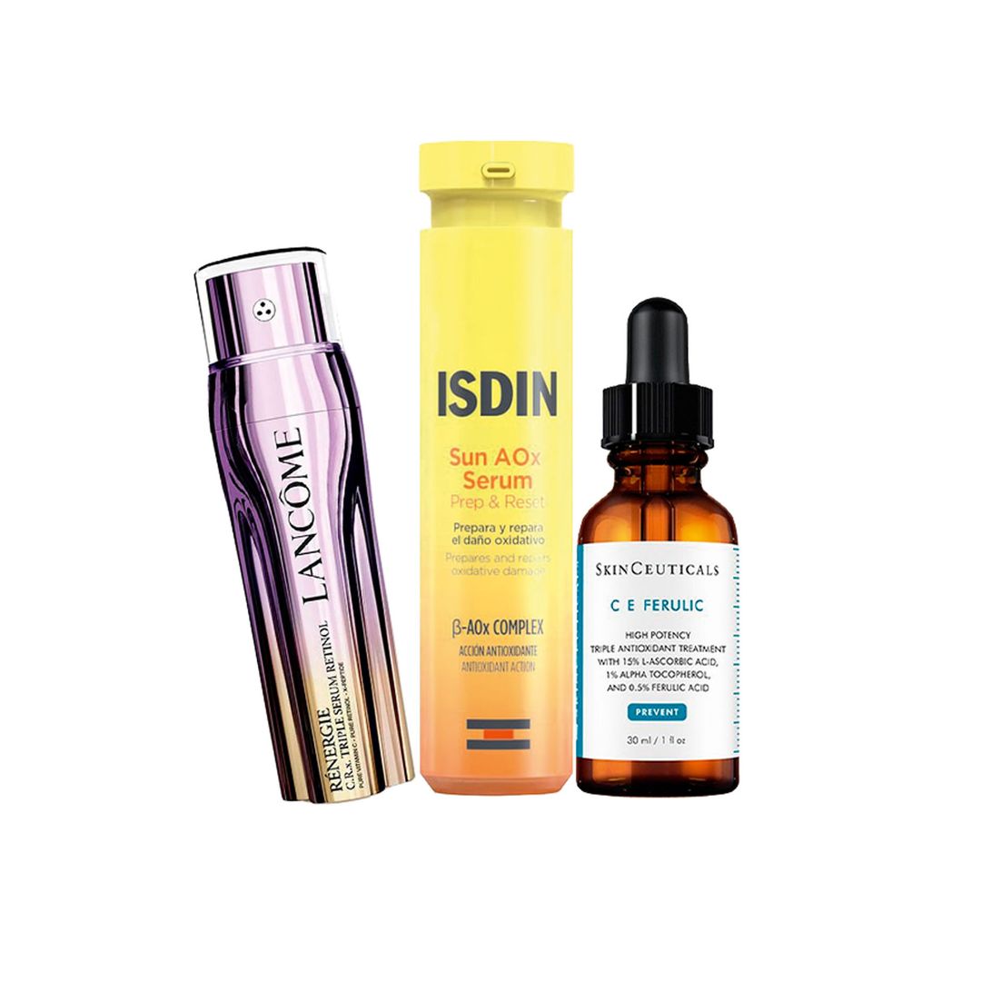 1. Renovador: Rénergie C.R.x. Triple Sérum Retinol (165 €), de Lancôme. 2. Preparador y reparador: Sun AOx Serum Prep & Reset (22,50 €), de ISDIN.
3. Chute de antioxidantes: C E Ferulic (186 €), de Skinceuticals