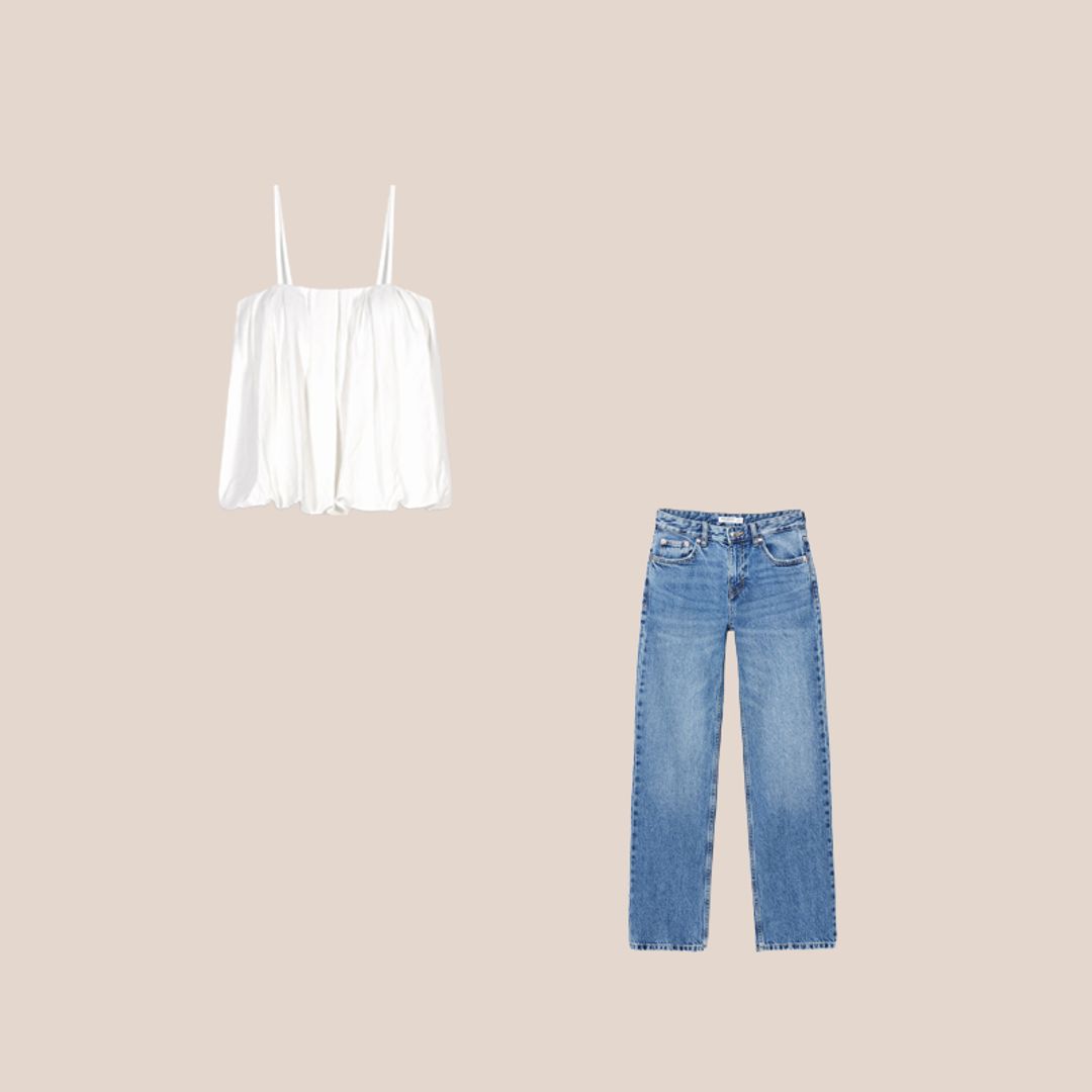 blusa blanca con lazo y vaqueros rectos