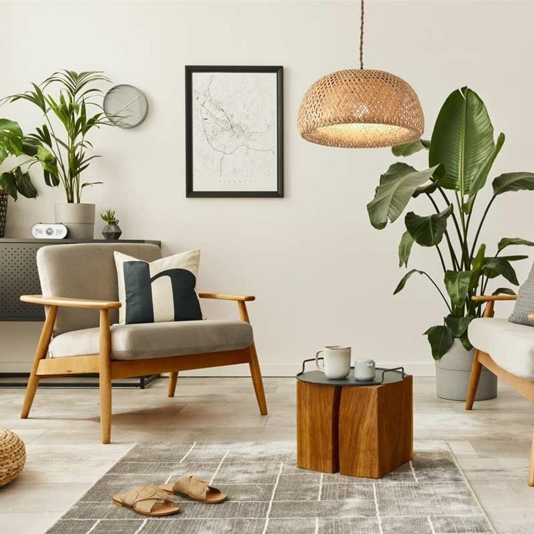 Salón decorado con muebles de madera, de ratán y muchas plantas de gran formato.