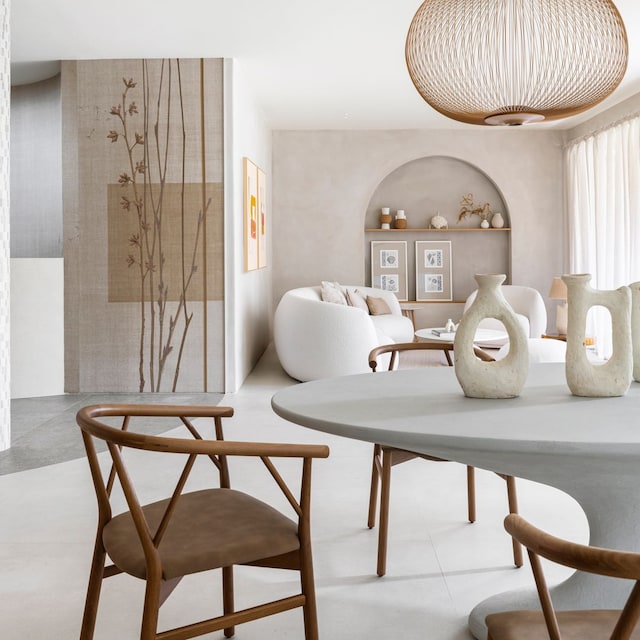 Salón-comedor de estilo japandi