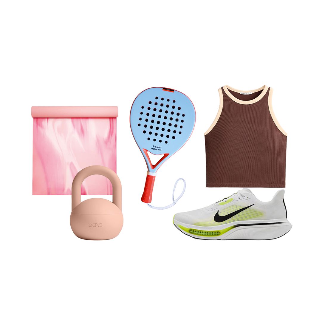 1. esterilla de 5 mm (98 €), de Lululemon.2 2. Kettleball de 4.530 g (69 €), de Bala
3. pala de pádel Seaview (167 €), de Play Henry. 4. TANK TOP de tejido transpirable (23 €),
de Oysho. 5. Zapatilla de running Pegasus (140 €), de Nike