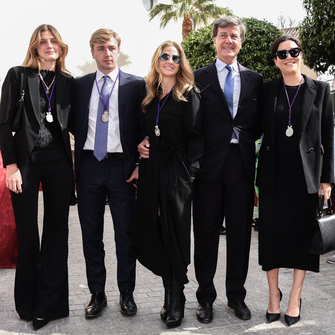 Cayetano Martinez de Irujo , Genoveva Casanova , Amina Martinez de Irujo Casanova , Luis Martinez de Irujo Casanova and Barbara Mirjan during holyweek of Seville on April 6, 2023.