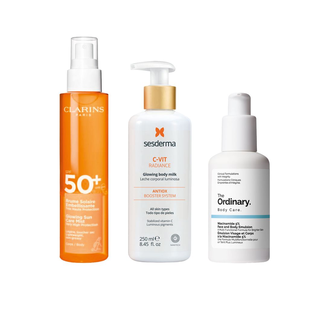 1. Bruma SPF 50+ con complejo embellecedor y antioxidante,
 de Clarins (36 €). 2. Leche corporal luminosa C-Vit Radiance 
(17,95 €), de Sesderma. 3. Para cuerpo y rostro: Niacinamide 5% Face and Body Emulsion (14 €), de The Ordinary