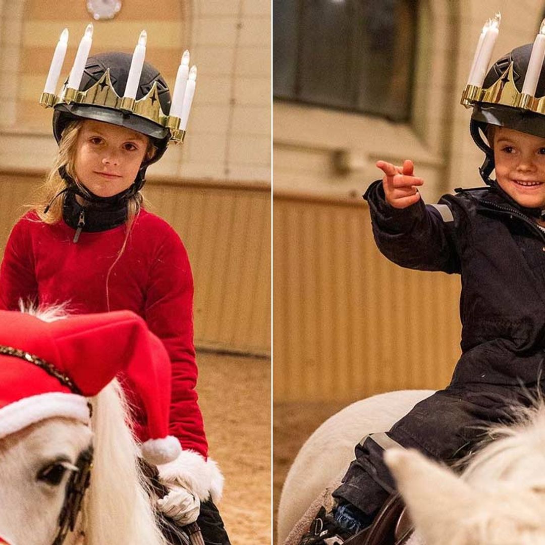 Con corona de velas y a caballo, Estelle y un risueño Oscar de Suecia se preparan para la Navidad