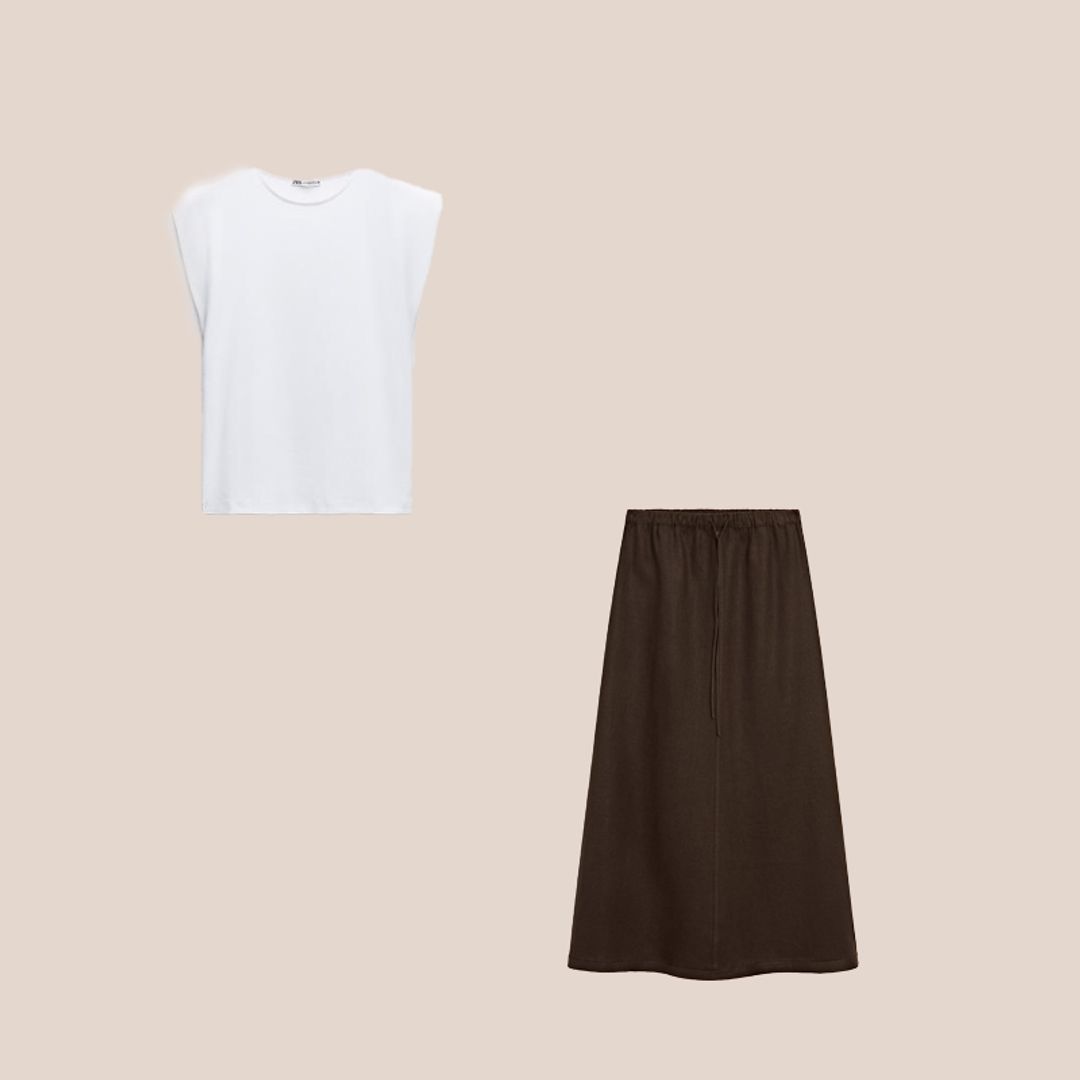camiseta blanca básica y falda midi marron