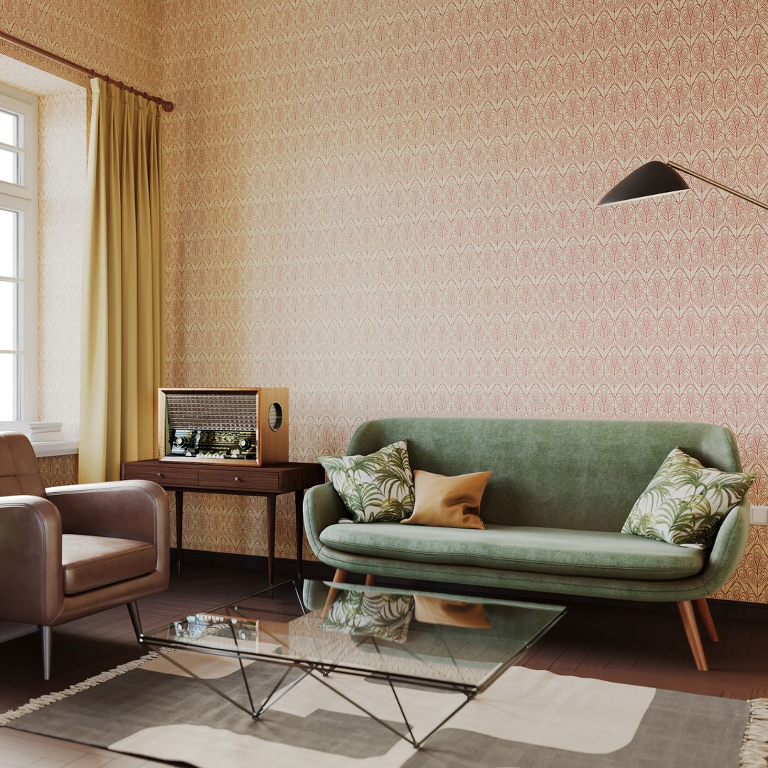 Salón con estética 'vintage' con papel pintado.