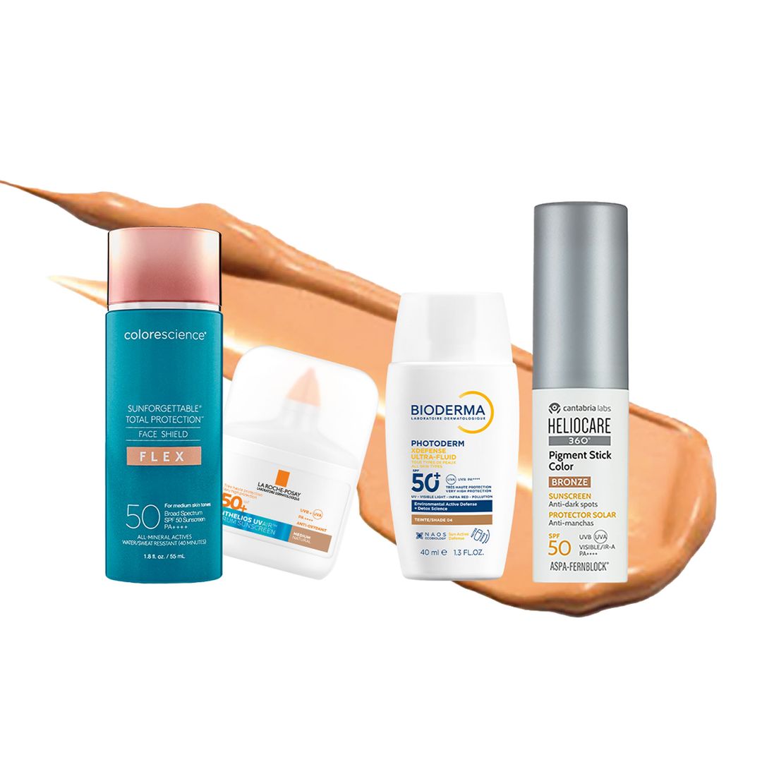 1. Modulable: Flex Sunforgettable Total Flex (75 €), de Colorescience. 2. Hidratante y antioxidante: Anthelios (22,50 €), de La Roche-Posay. 3. Fluida: Photoderm (19,94 €), de Bioderma. 
4. Antimanchas: Pigment Stick (20,73 €), de Heliocare.  