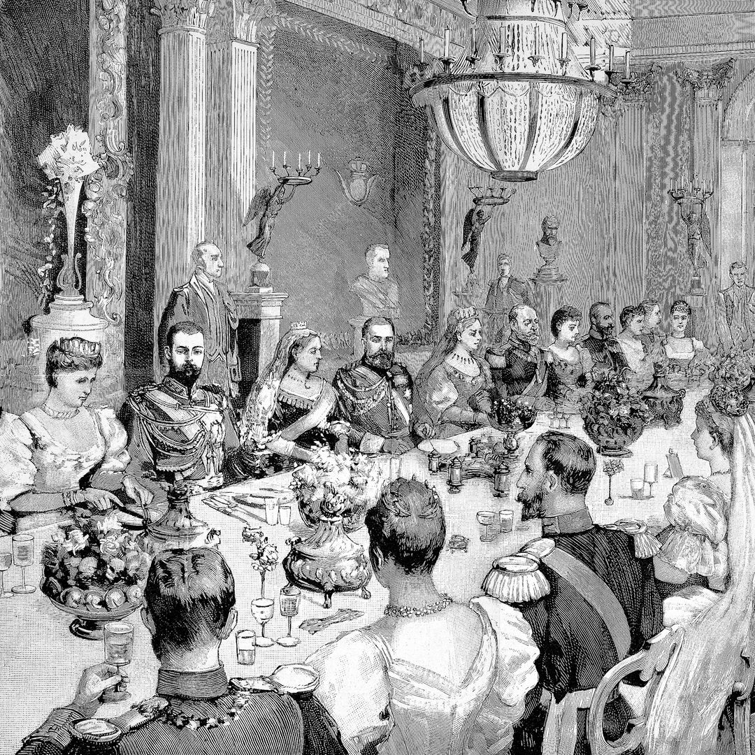 Grabado del banquete de boda de Victoria Melita de Sajonia-Coburgo y Gotha y Ernesto Luis de Hesse-Darmstadt, en el palacio de Ehrenburg