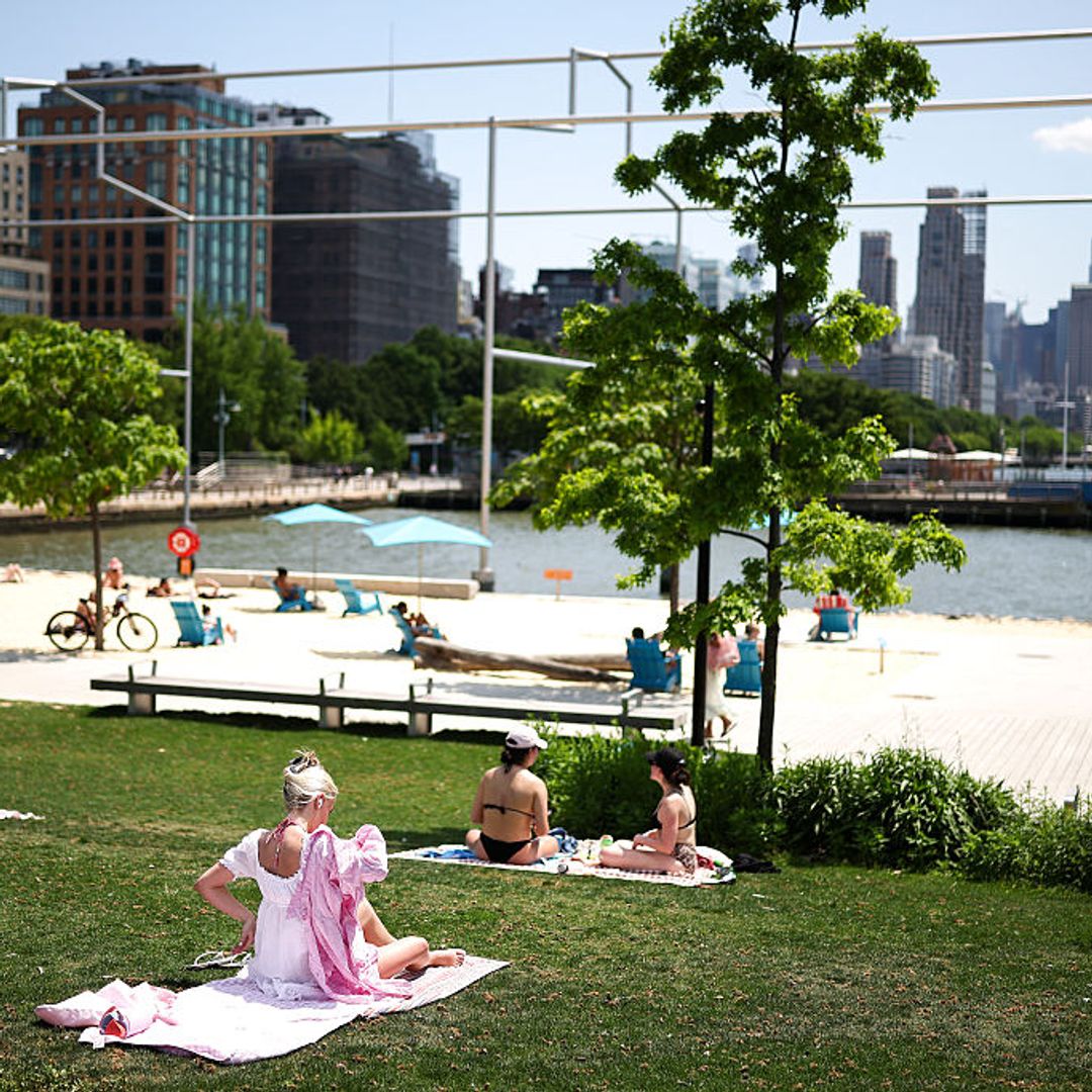 Tomando el sol en el Pier 25, a lo largo del río Hudson, en el distrito de Manhattan de la ciudad de Nueva York
