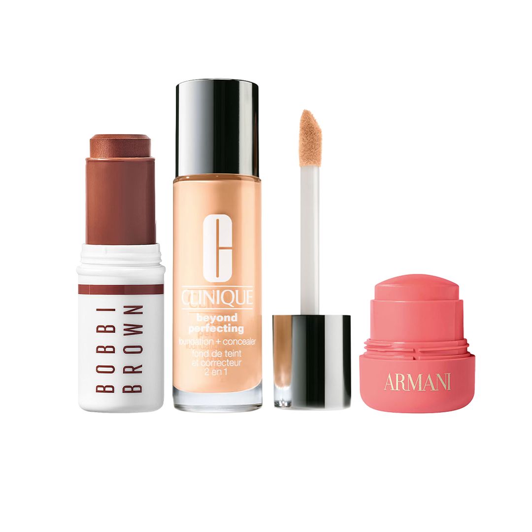 TENDENCIA peachy
Stick multiusos bronceador Skin Enhancer (35 €), de Bobbi Brown. Base y corrector Beyond Perfecting (55 €), de Clinique. Colorete Dolci Blush (46 €), de Armani Beauty