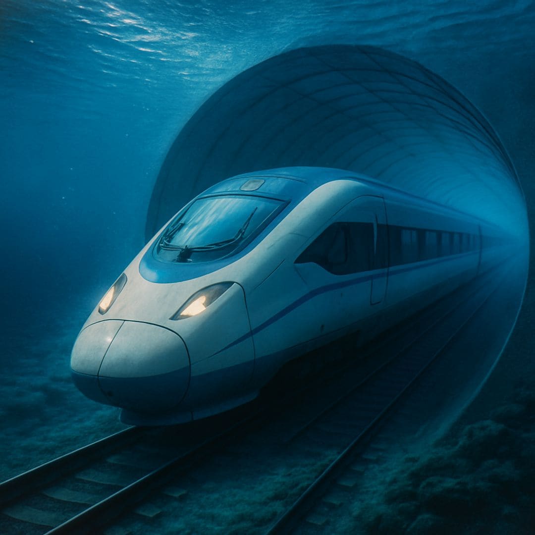 Tren de alta velocidad circulando en un túnel por debajo del océano