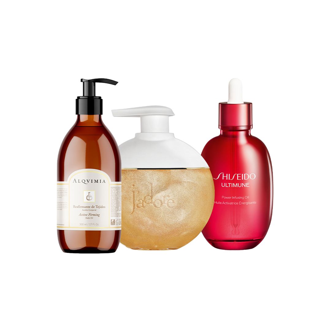 Toque Glitter. Aceite Reafirmante (72,50 €), de Alqvimia. Aceite perfumado J’adore Huile Scintillante (78 €), de Dior. Aceite ligero Ultimune Power Infusing Oil (64 €), de Shiseido