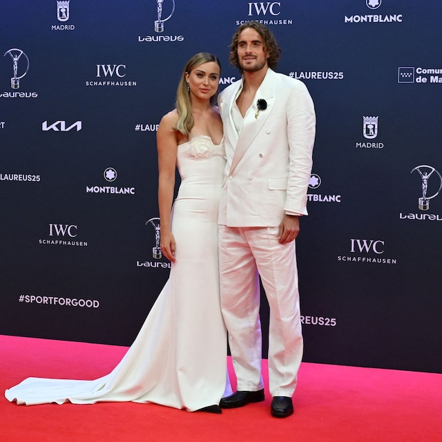Greek tennis player Stefanos Tsitsipas and his partner Spanish tennis player Paola Badosa (L) pose on the Red Carpet ahead of the 26th Laureus World Sports Awards gala in Madrid on April 21, 2025. (Photo by JAVIER SORIANO / AFP) (Photo by JAVIER SORIANO/AFP via Getty Images)          